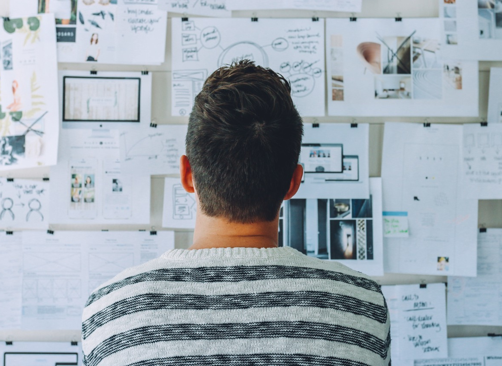 A person looking at lots of paper pinned onto the wall - commercial combined insurance